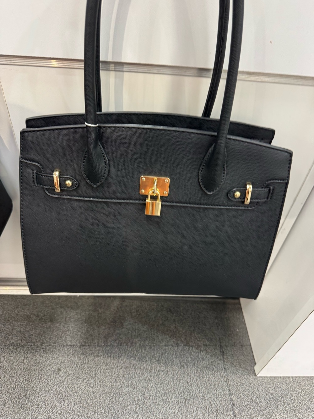 Structured Black Tote with Gold Padlock